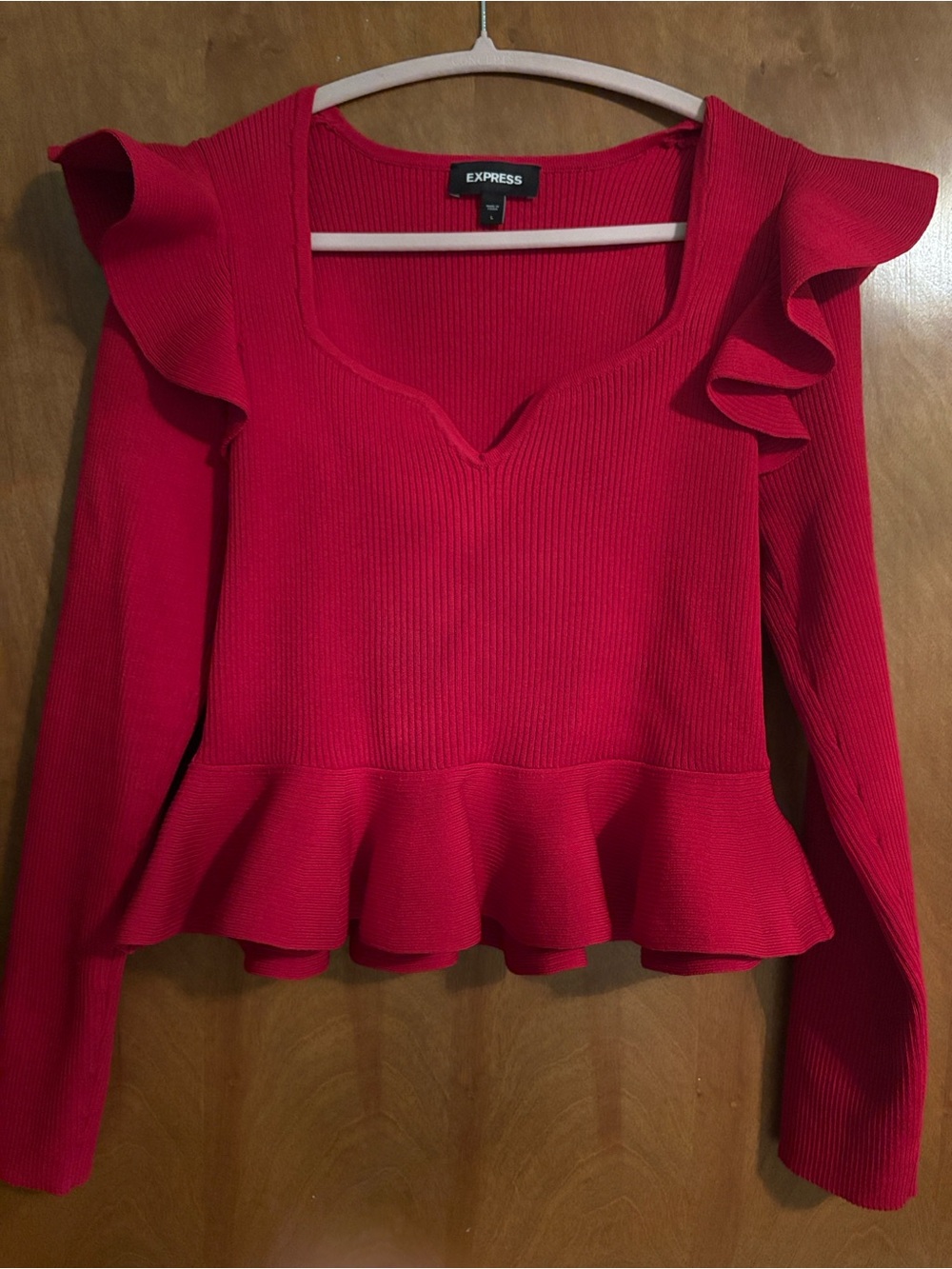 Express Women's Red Ruffle Peplum Long-Sleeve Top